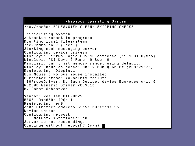 The RhapsodiOS kernel console drawn in a 480 by 360 window on a 640 by 480 VESA frame buffer, stopped at the network prompt